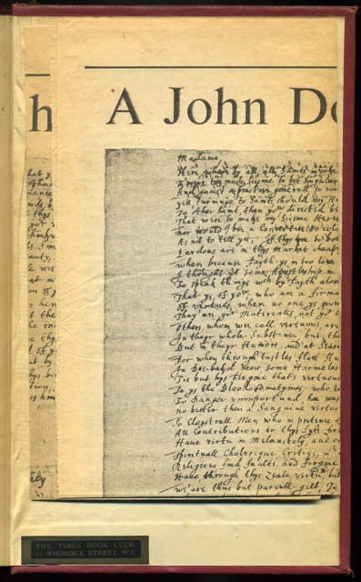 Clipping laid in at rear cover. Smith, A. J. "A John Donne Poem in Holograph." Times Literary Supplement [London, England] 7 Jan. 1972: 19. Times Literary Supplement Historical Archive. Web. 16 Apr. 2015.