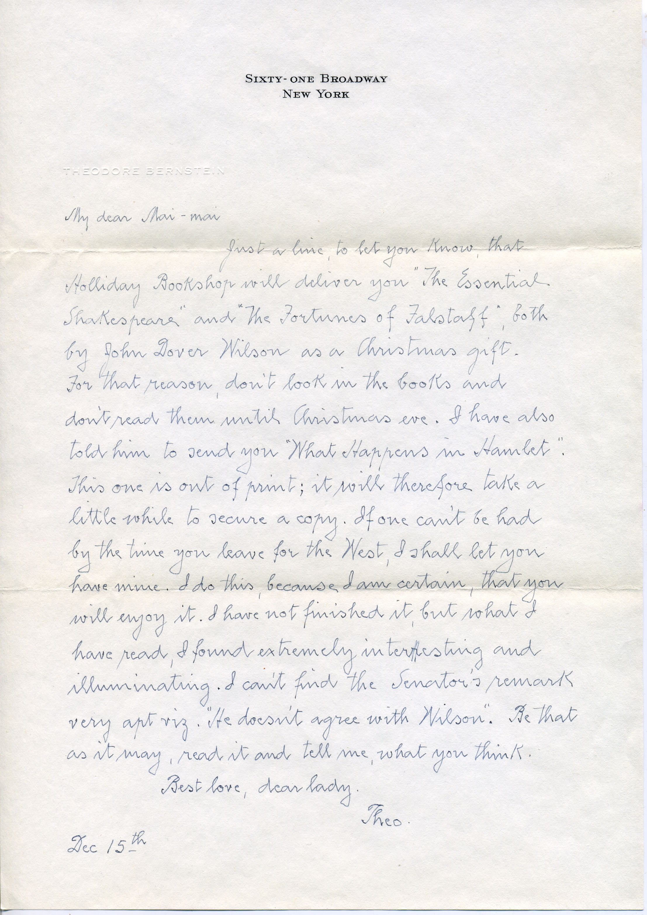 Theodore Bernstein to Mai-mai Sze, 15 Dec. 1944?  Sharaff/Sze Collection File, Institutional Archives, New York Society Library (click for larger view)