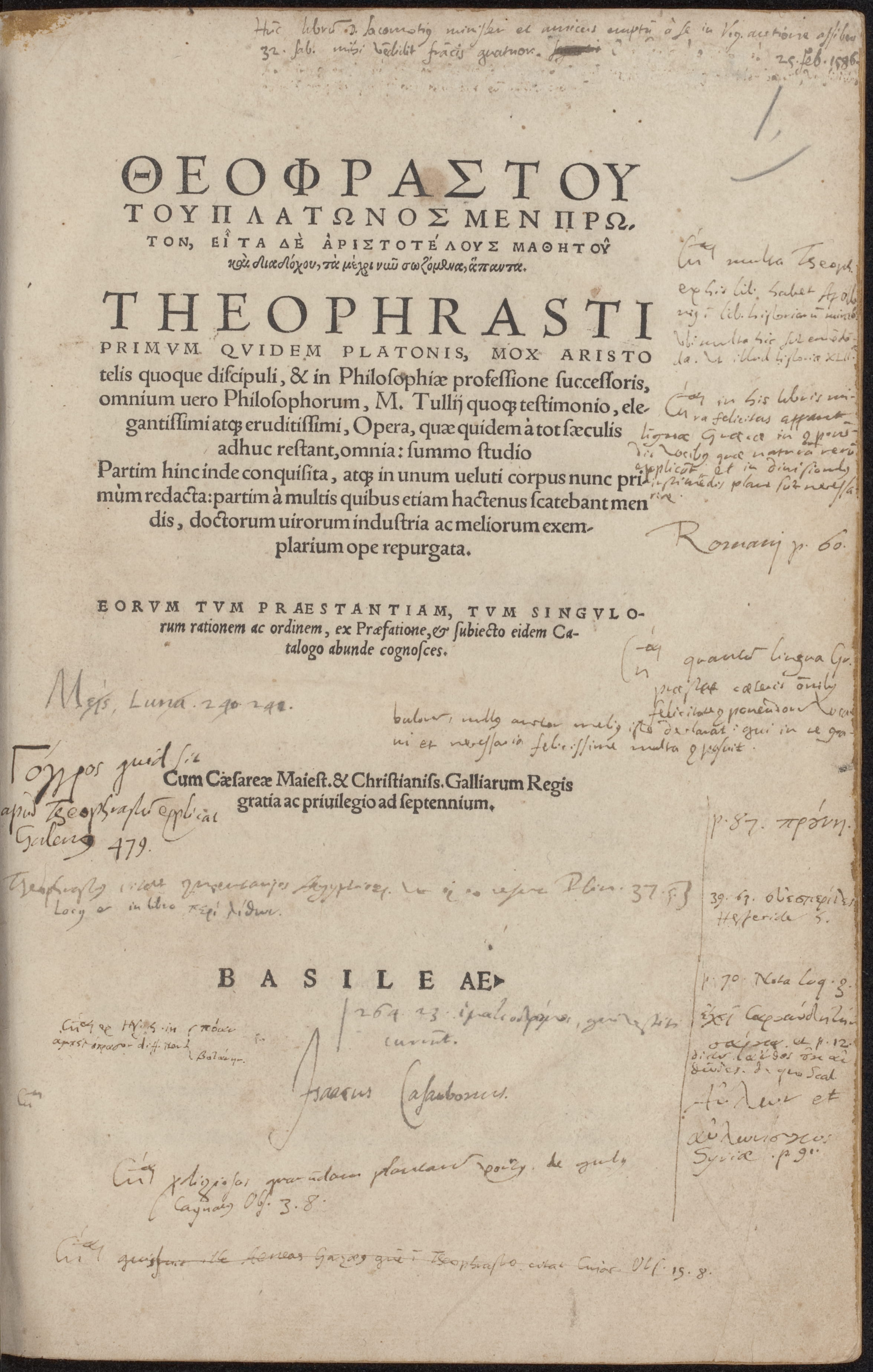 Casaubon's annotated copy of Theophrastus. By permission of the Special Collections of the University of Amsterdam. Shelf mark: OTM: Hs VII D17.