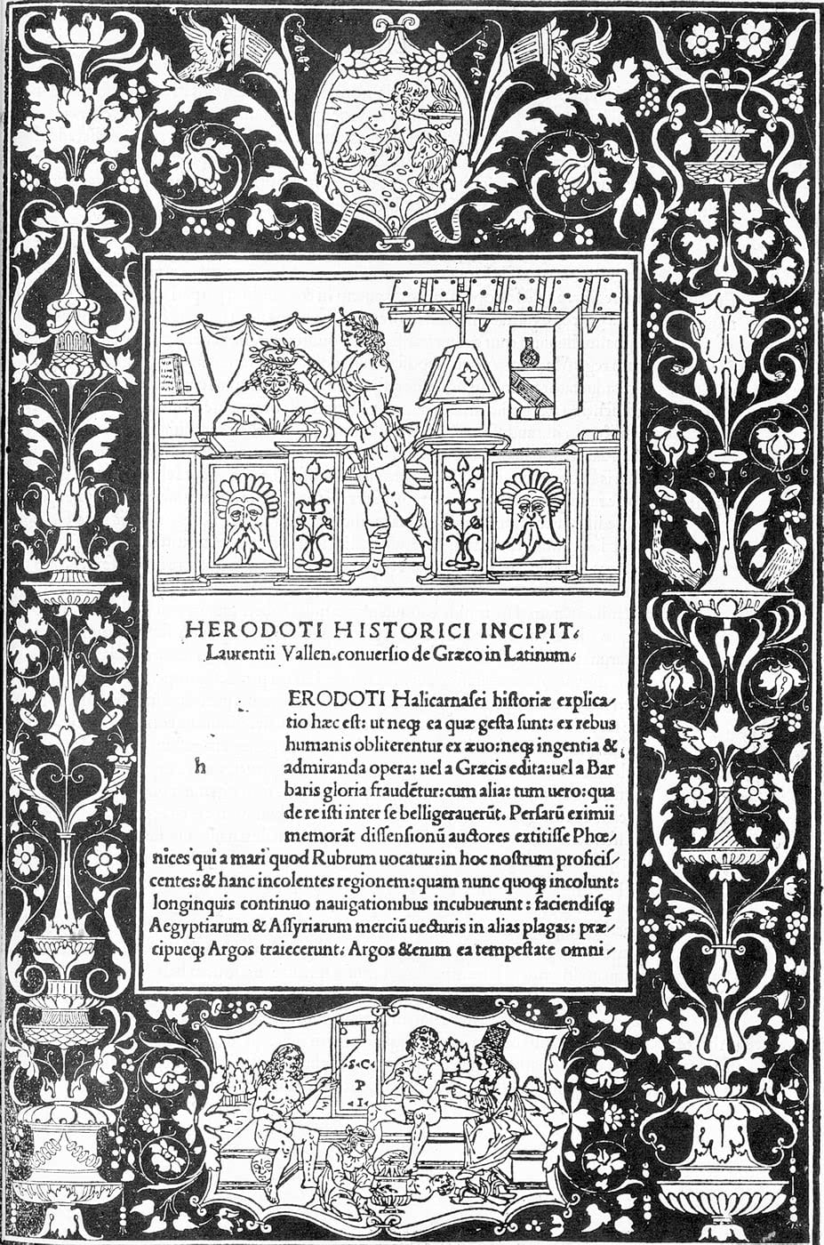 Dedication page for the Historiae by the Greek historian Herodotus, translated into Latin by Lorenzo Valla (1494)