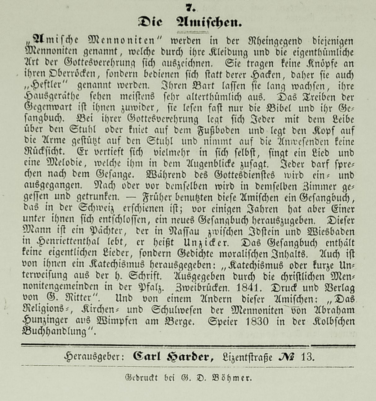 Carl Harder’s brief remarks on “The Amish.” (Monatsschrift für die evangelischen Mennoniten, October 1847, p. 16.)