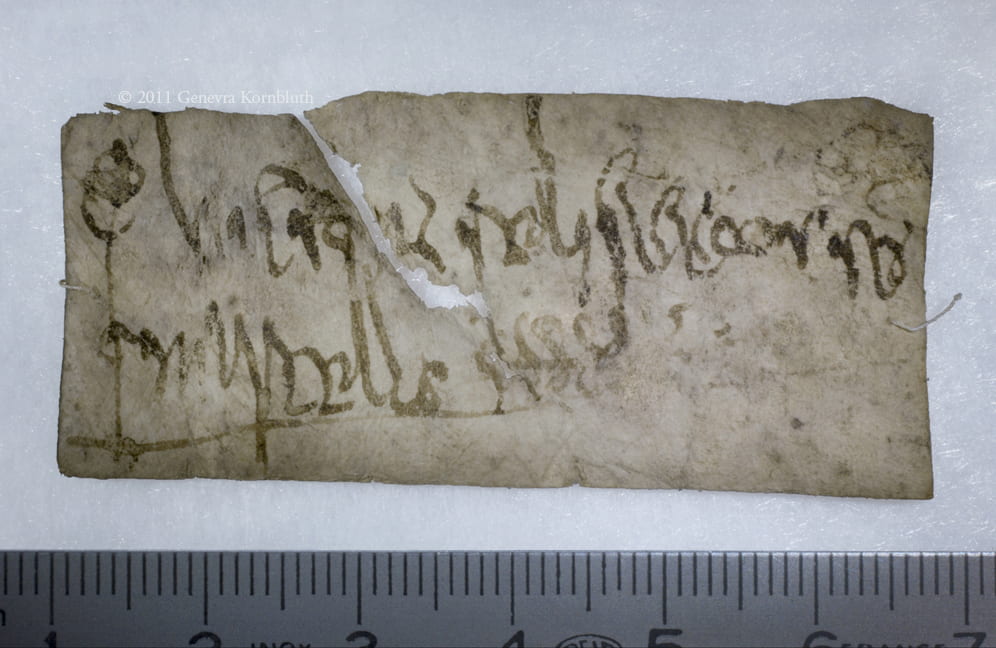 This eighth-century relic label for relics of Pope Marcellus comes from the large body of labels that survive from the Sens cathedral treasury. It features a decorated chrismon, or cross, at the beginning (not uncommon for a label), as well as a series of markings at the end that might be the scribe's monogram or a note in a bureaucratic shorthand system called Tironian notes. Both of these features make it look like a tiny legal document. ChLA Vol. 19 No. 682:LIII Image courtesy Genevra Kornbluth.