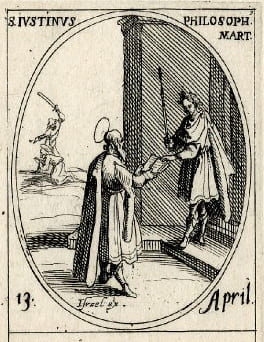 Justin Martyr presenting an open book to a Roman emperor (Jacques Callot, c. 1632-1635)