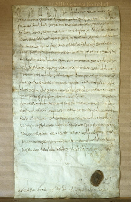 Copyright Genevra Kornbluth. This charter, Archives National K 3 No. 18, is near-contemporaneous with the placitum I discuss. It was written for another Merovingian king, King Chilperic II, on or around March 5, 716. There are at least two things that are remarkable about this particular text. One is that its royal seal is still attached, after 1300 years. Another is that it is written on parchment, a sign of the document's relative youth. Papyrus, not parchment, was probably the Merovingian chancery's preferred substrate for legal documents until the end of the seventh century.