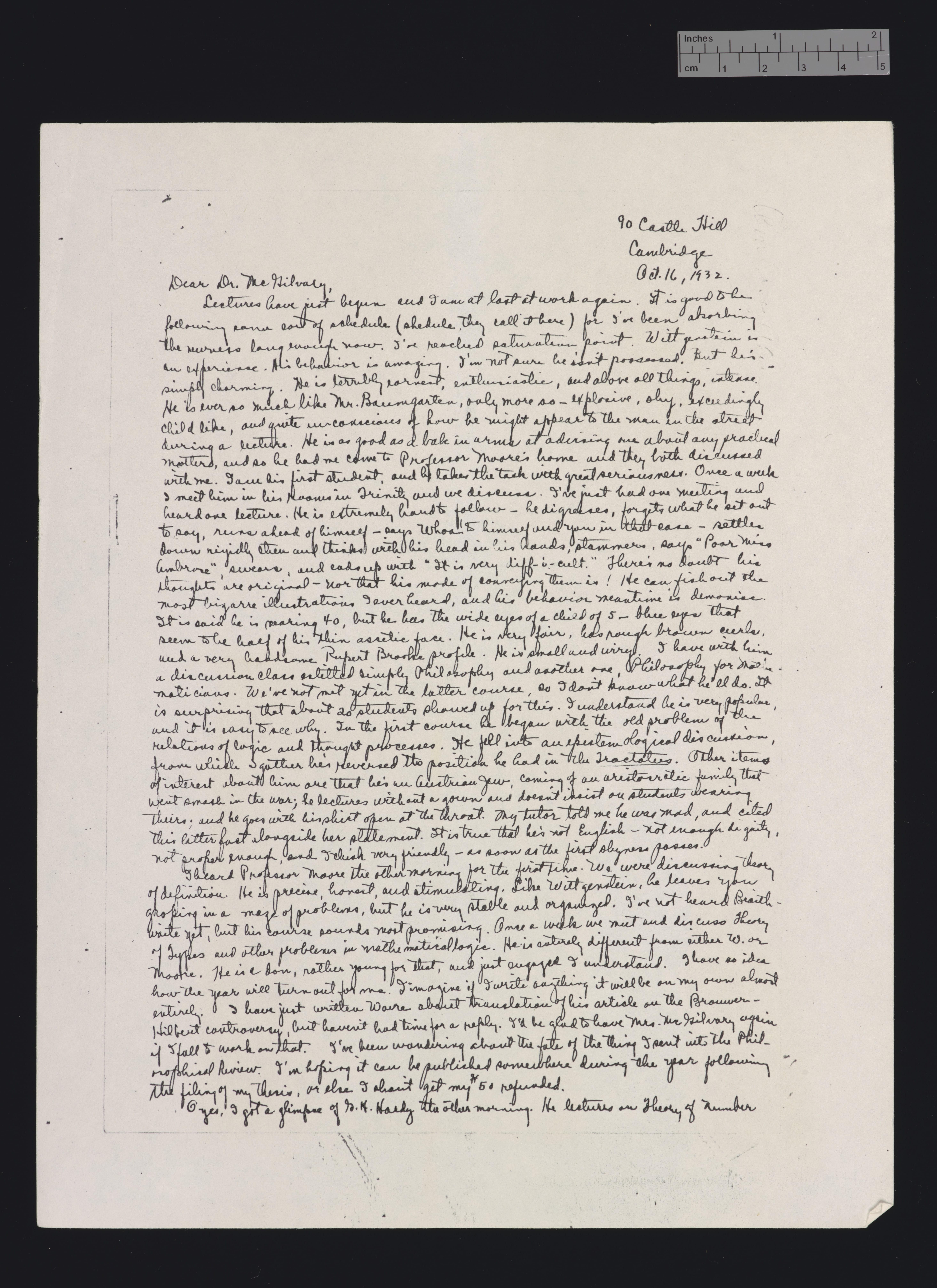 Letter from Ambrose to McGilvary, MS Add.9938 Box 2, Folio 2, Cambridge University Library. By permission of the Syndics of Cambridge University Library.