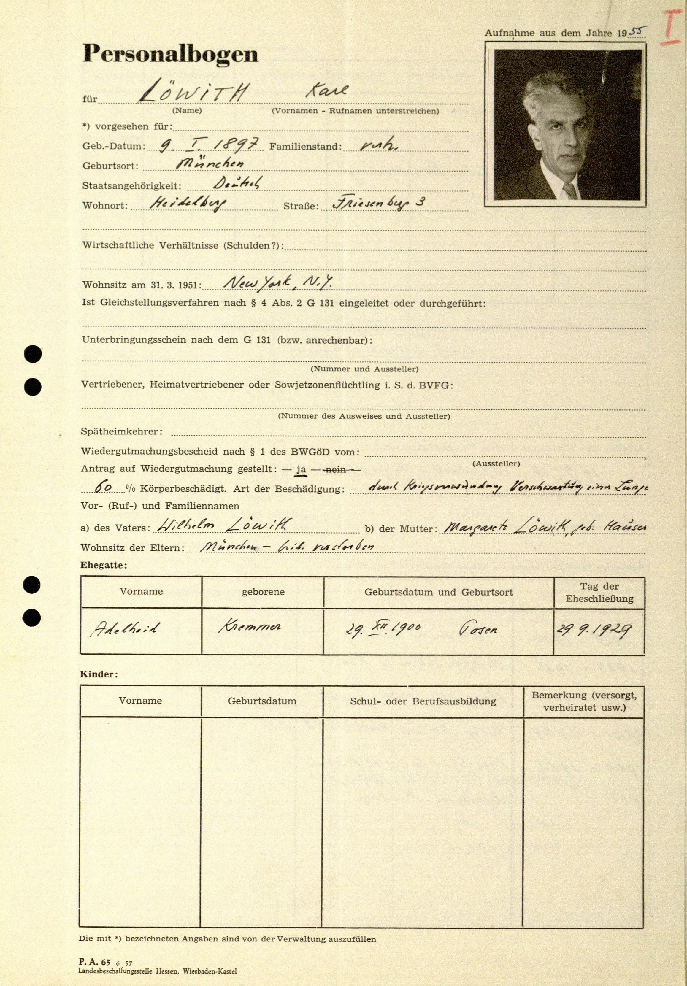 Löwith's personal data form. By permission of Universitätsarchiv Marburg