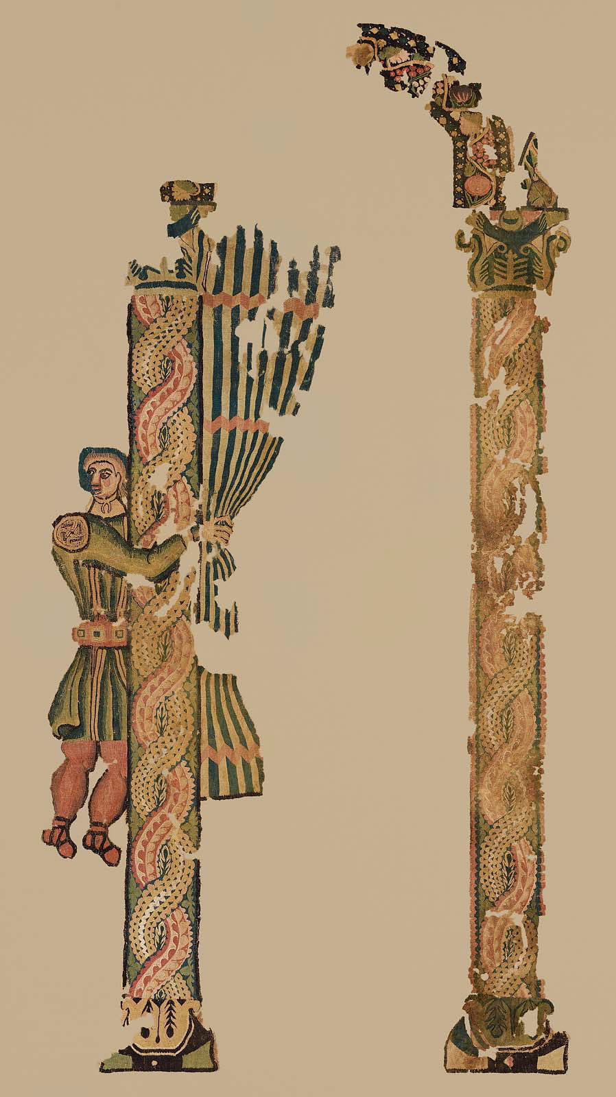'Designing Identity' has a lot of delightful twists. Take this hanging (fifth century, possibly from Egypt, now belonging to the MFA) with a servant dressed in a tunic who is pulling back a curtain in a stone arcade. How often do premodernists get to see cloth depicted in cloth, let alone alongside stone and flesh and in such vivid polychromy? Elsewhere in the same gallery, there are three complete tunics: one for an adult, one for a child, and one for a doll.
