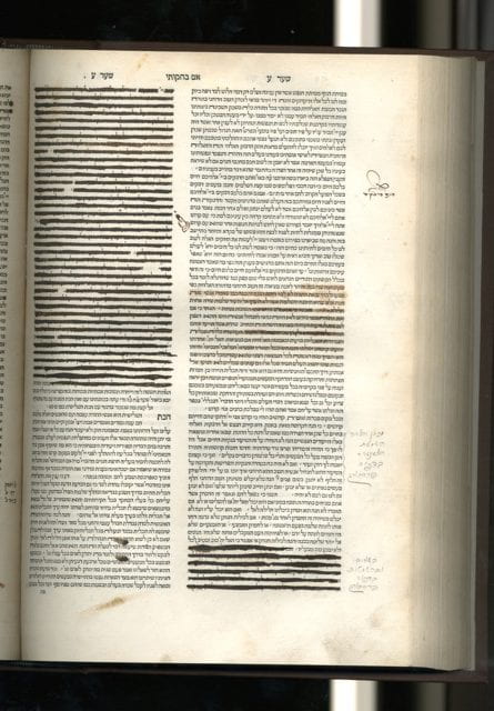 A censored page from a 1546 edition of Isaac ben Moses Arama's commentary on the Bible Akedat Yitshak, The Library at the Herbert D. Katz Center for Advanced Judaic Studies, University of Pennsylvania. A signature by the censor reads: "Revisto p[er] me Antonio Fran[cesco] Enrique Alessandria, 1688."