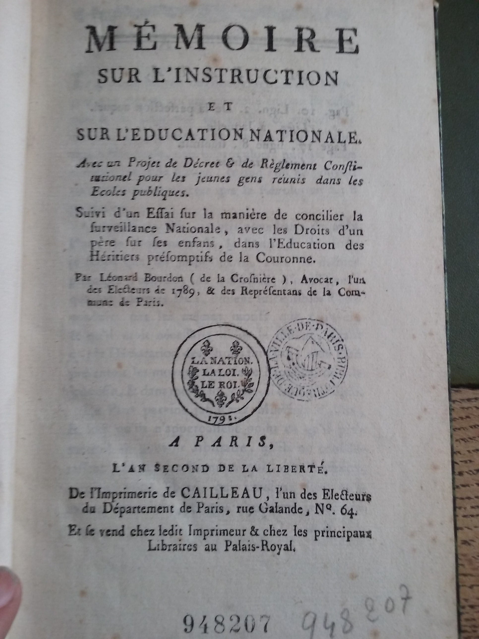 Léonard Bourdon de la Crosnière's pamphlet on public instruction. Bibliothèque Historique de la Ville de Paris.