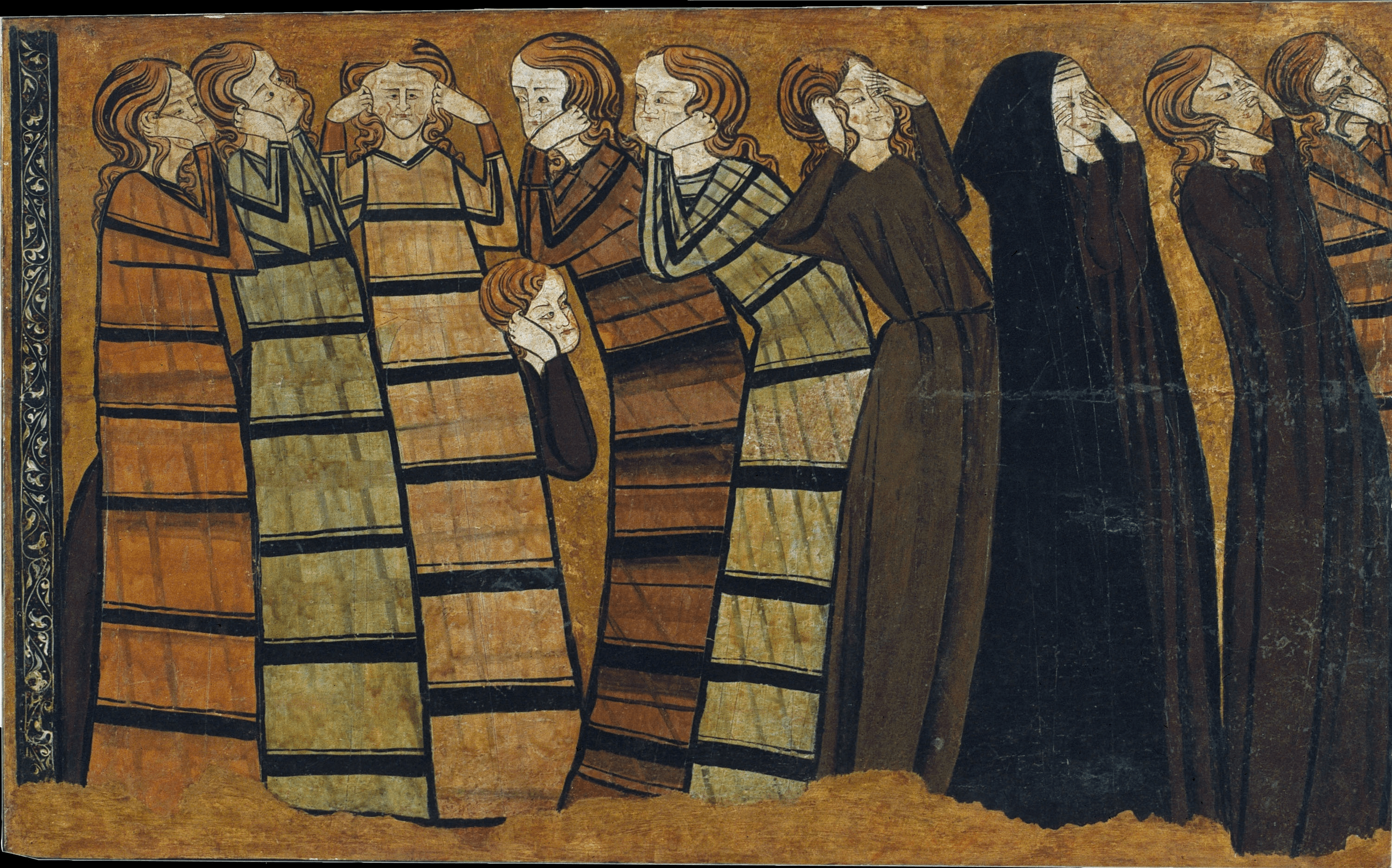 Mourners tearing their hair and faces in grief, c. 1295, Castile. 1 of 8 wooden panels originally in the chapel of San Andrés de Mahamud (Burgos). The Plañideros panels are currently in Sala 19 of the Museu Nacional d’Art de Cataluyna, in Barcelona, catalog numbers 004372-003, 004372-004, 004372-005, and 004372-006.