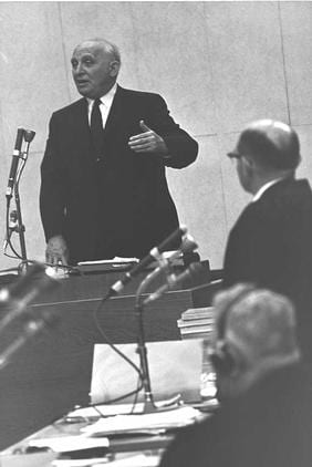 Historian Salo Baron testifies at Adolph Eichmann's trial in Jerusalem.