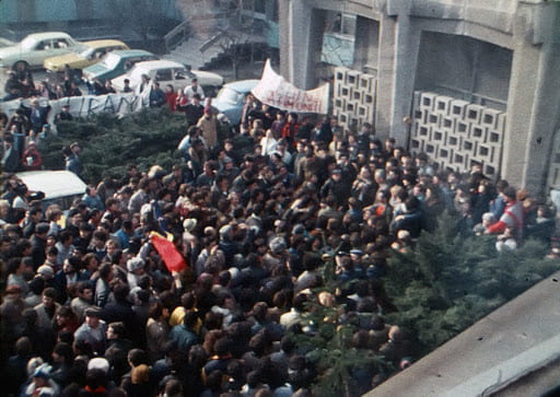 Protesters in the Courtyard of Romanian National Television Romanian Revolution 1989