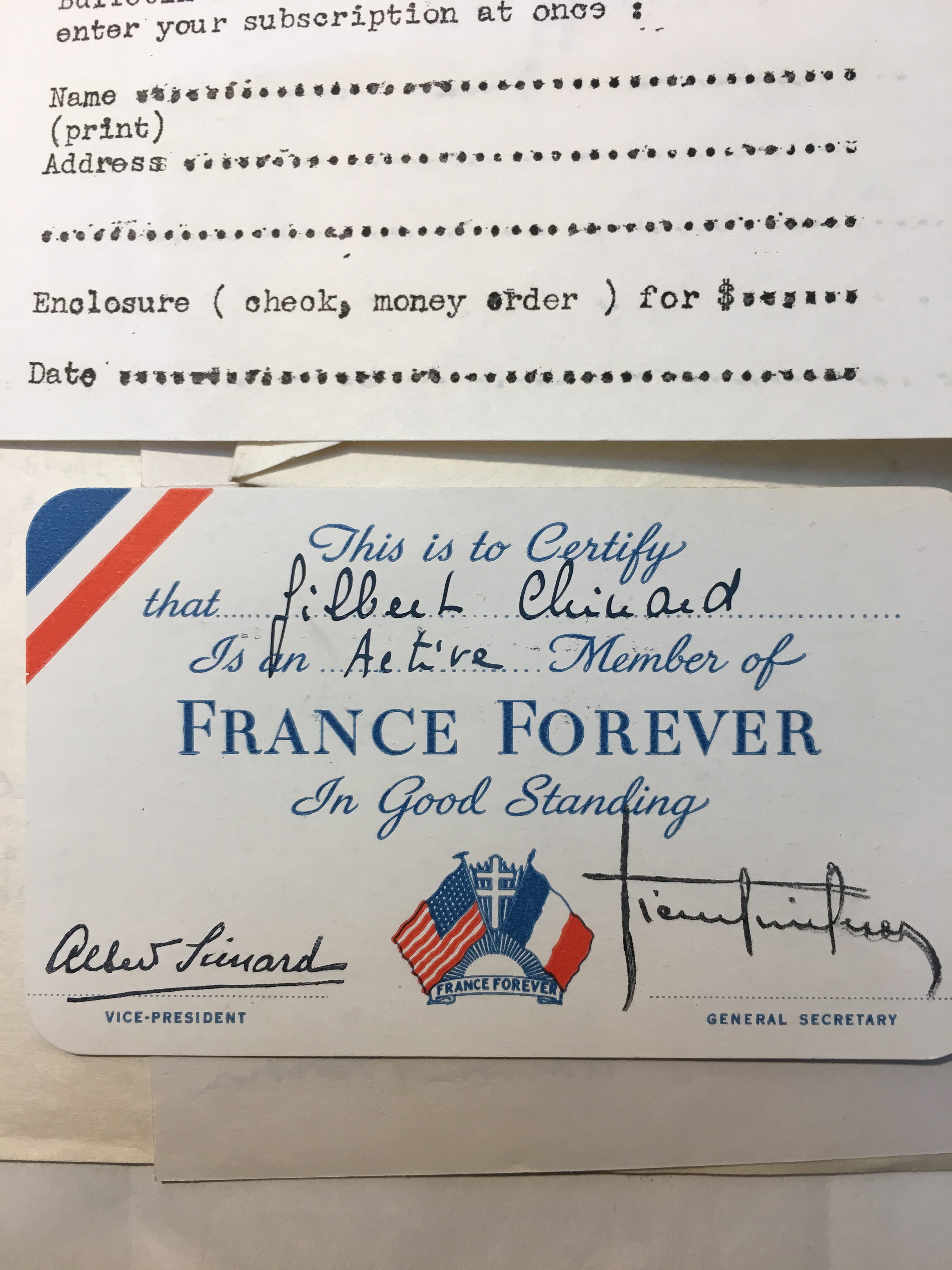 Bernard piece, France Forever membership card