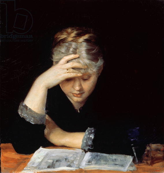 At a Book (oil on canvas)